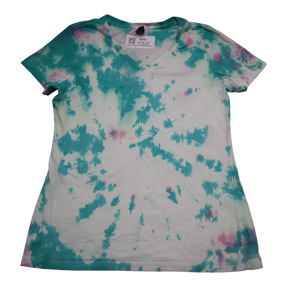 District Made Shirt Womens M White Teal Tie Dye Short Sleeve V Neck Tee